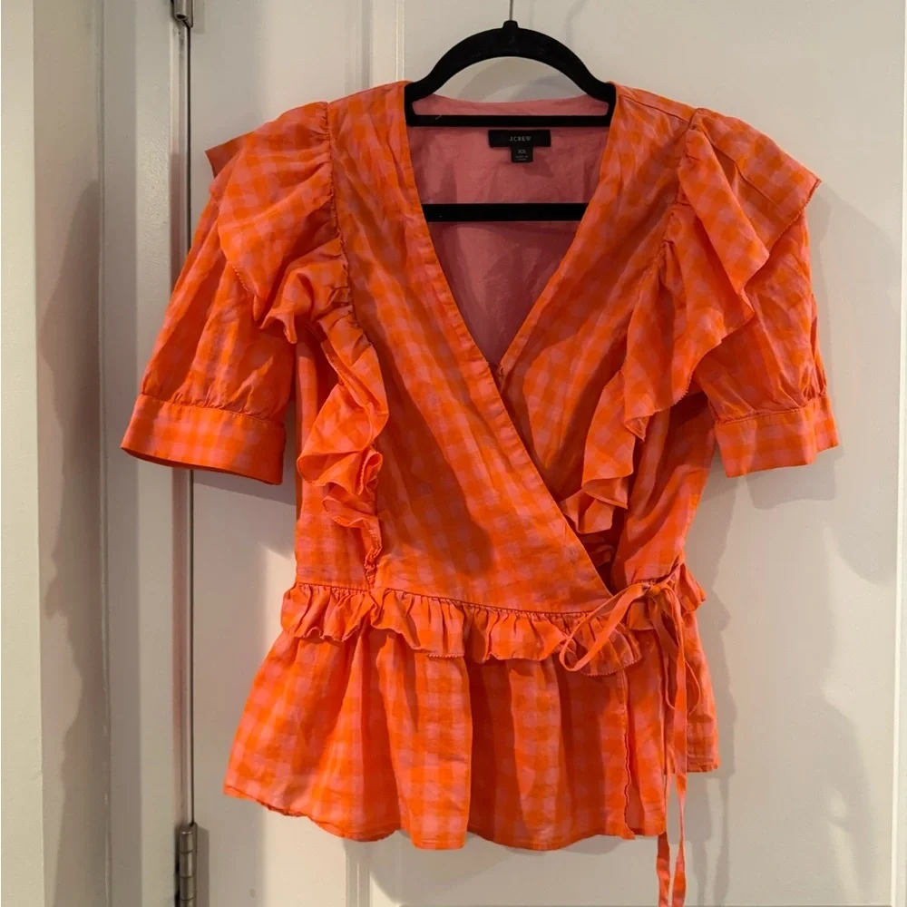 J.Crew Ruffle wrap top in vibrant pink and orange gingham - Picture 3 of 5